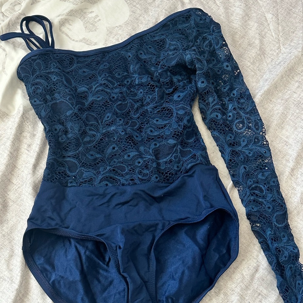 Navy Blue Lace One-Shoulder Bodysuit